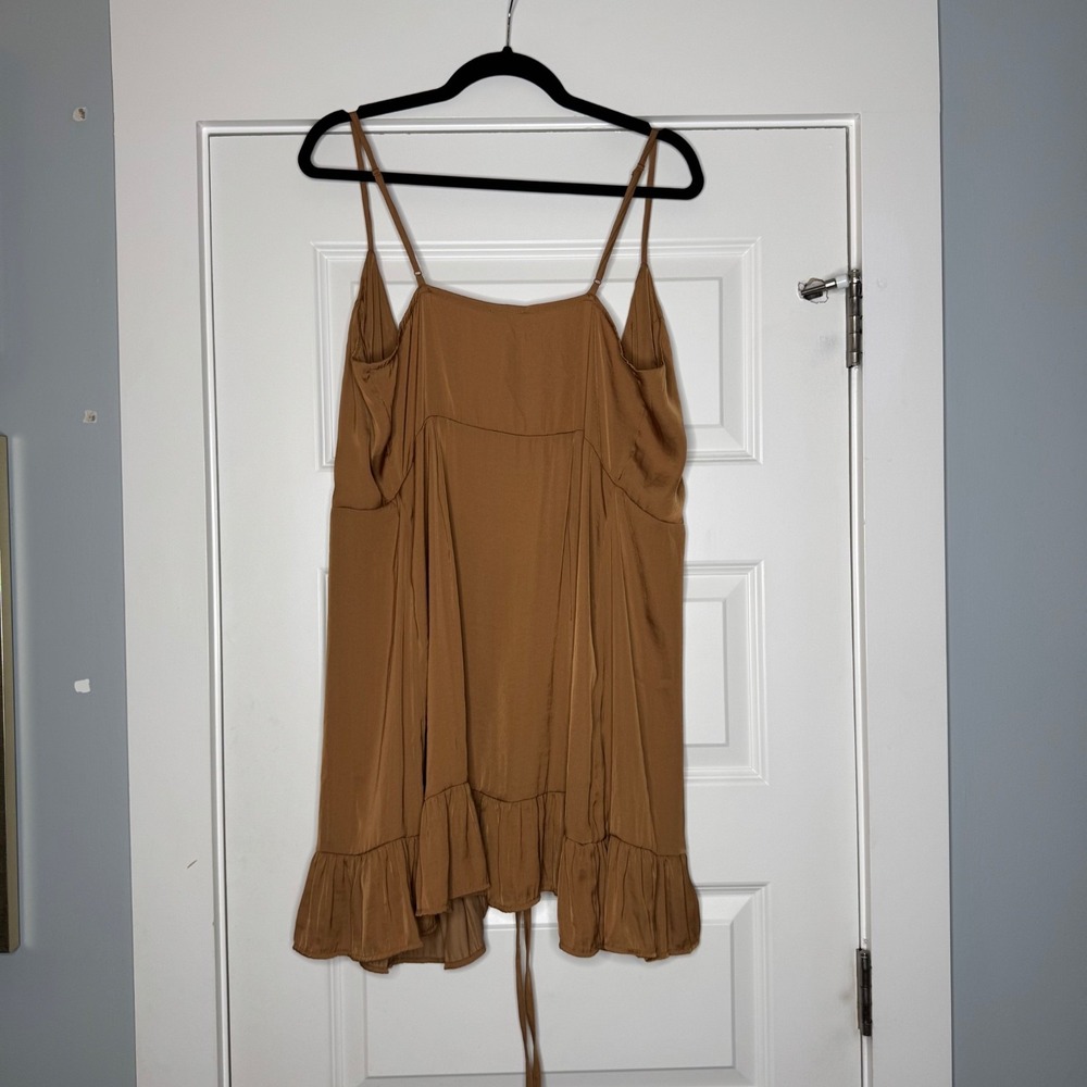 Free People All My Love Shine Mini Wrap Slip Dress Size Large Tan Brown NWT - Picture 6 of 12